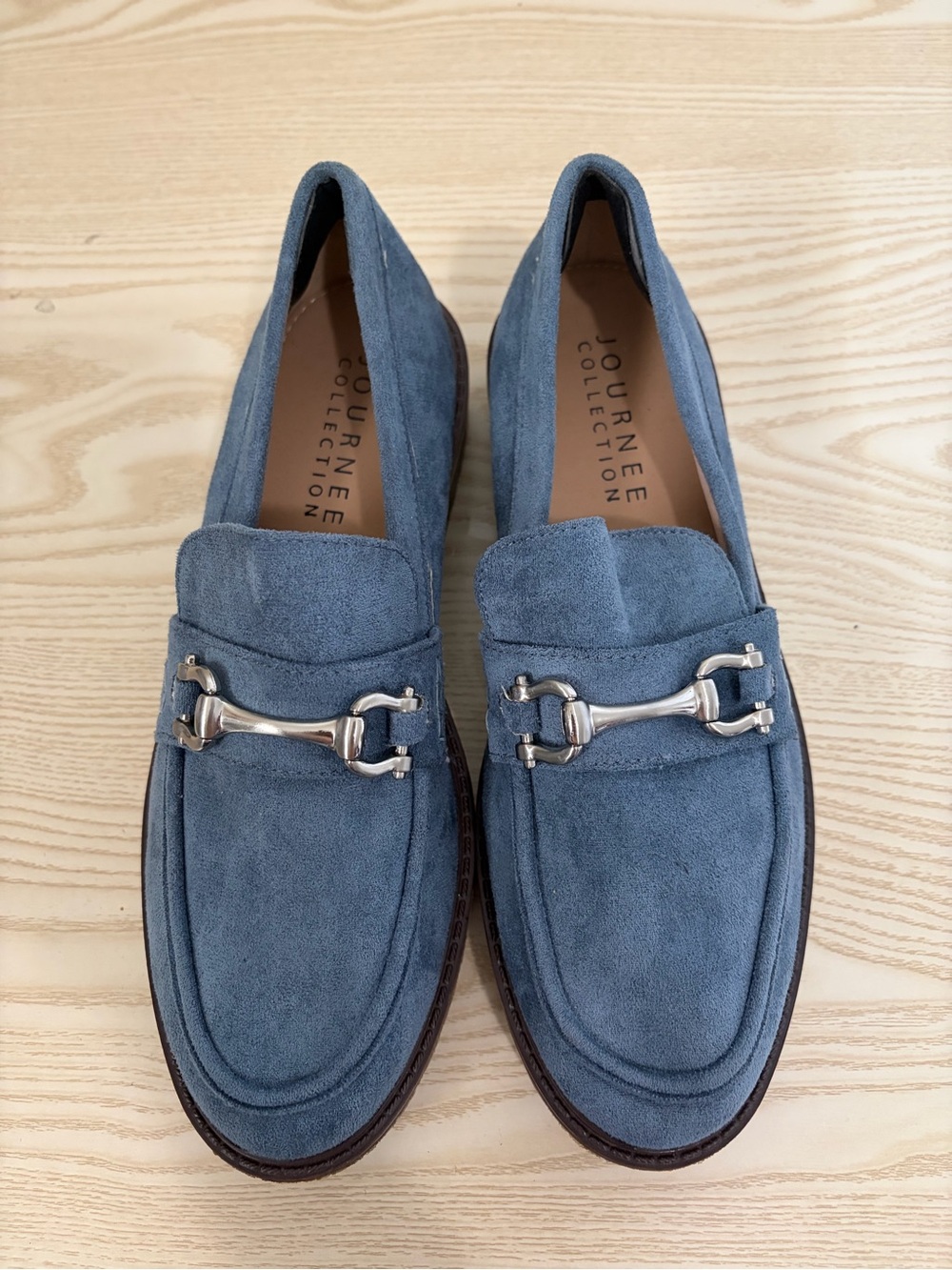 Journee Collection Blue Suede Loafers with Silver Bit